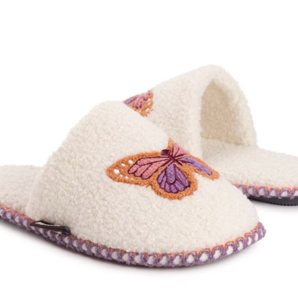 Muk Luks Cream Slippers with Purple Butterfly
